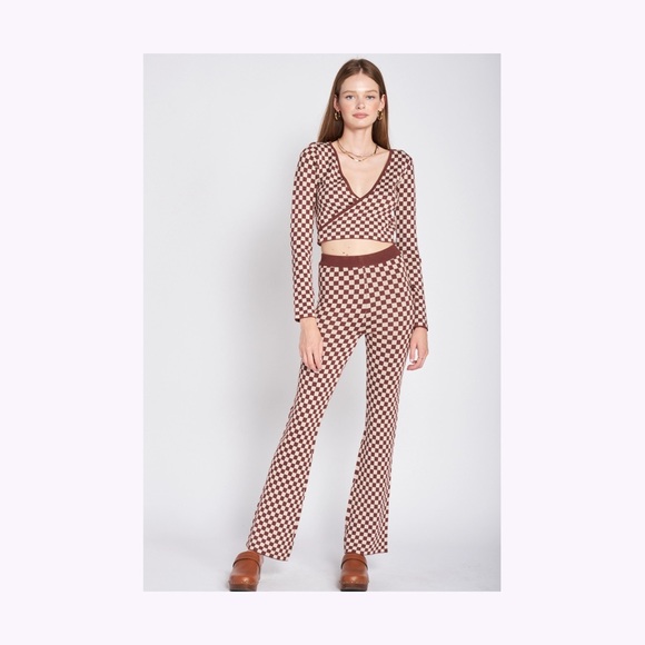 emory park Pants - Emory Park Tan and White Checkered Flare Pants